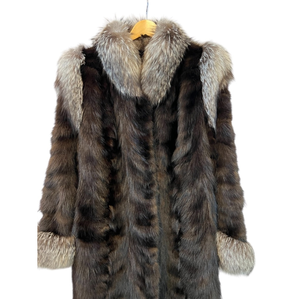 VINTAGE Mink Fur Brown Grey Trim Mid Length Heavy Coat Jacket L - Picture 2 of 10